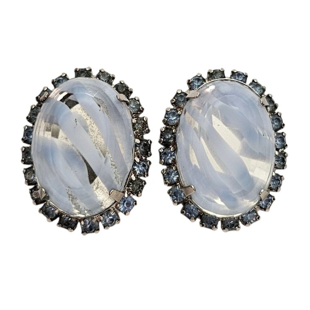 Givre Blue Vintage Clear Oval Clip On Blue Rhinestone Earrings